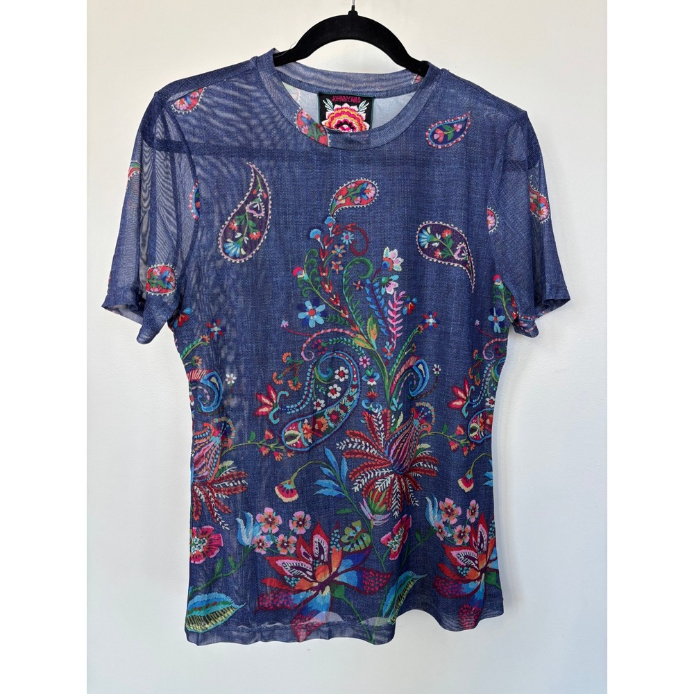 Johnny Was Mesh Top Blue Floral Paisley Short Sleeve Tee R12125-6 Large